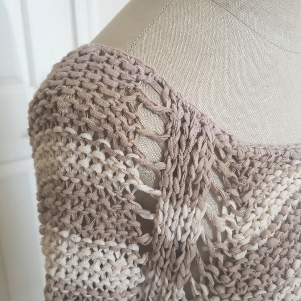 Free People Desert Moon Sweater Sand Striped Open Knit Pullover Wide Neck MEDIUM